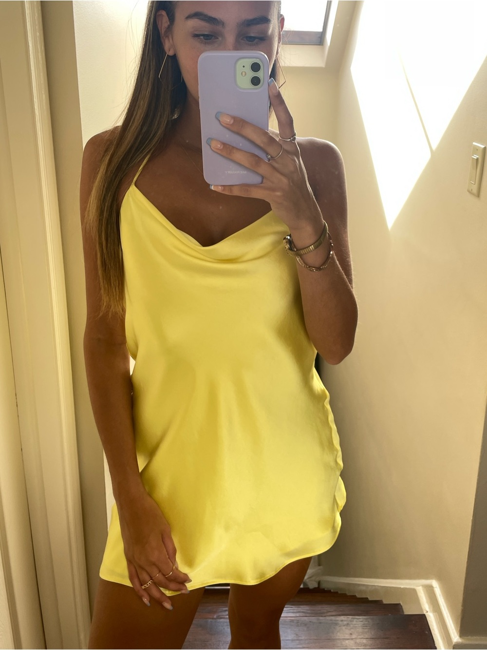 Zara Bright Yellow Satin Slip Dress with Spaghetti Straps